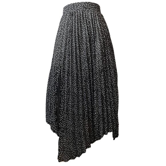 Long Skirt Women's Large Black & White Polka Dot Side Slit Zipper Pleated - Picture 1 of 6
